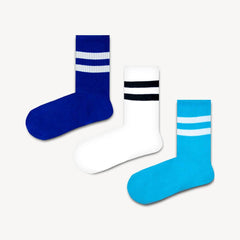 3'lü Beyaz Mavi Şeritli Spor Tenis Çorap Set - Stickerlı Şapka
